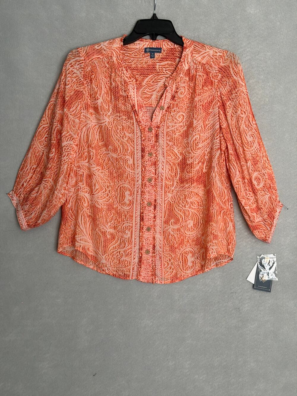 Democracy Blouson Sleeve Woven Top Button Down Women's Medium NEW